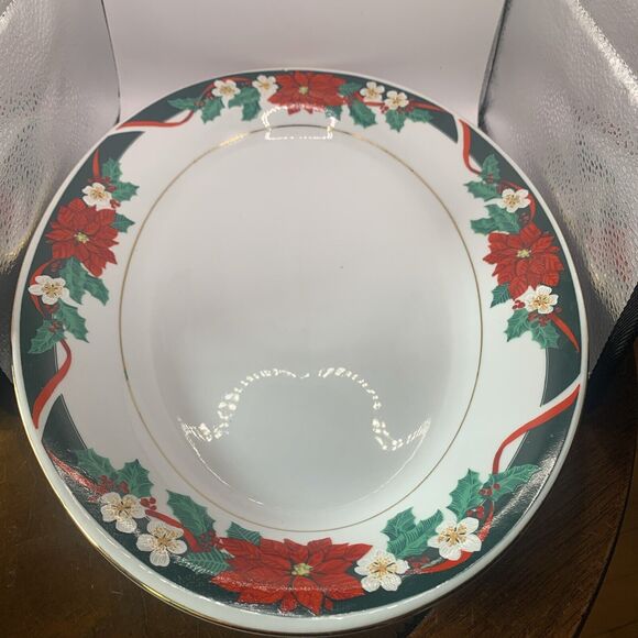Vintage Poinsettia Christmas Platter Tienshan Fine China Deck the Halls Oval 14" - Picture 1 of 7